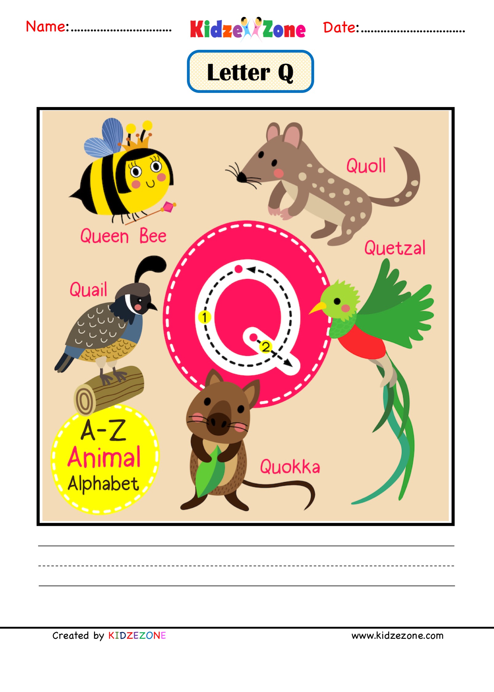 Kindergarten Letter Q Animal Picture Cards Worksheet