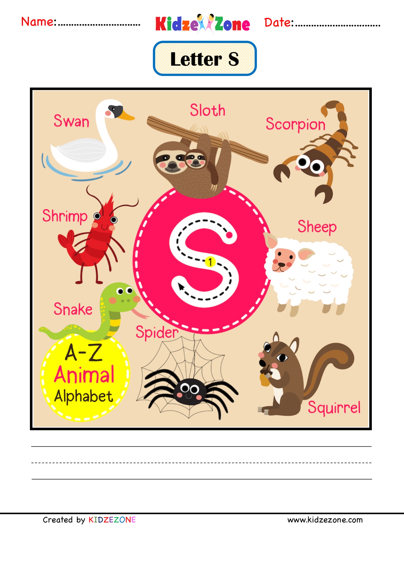 Kindergarten Letter S Animal Picture Card Worksheet