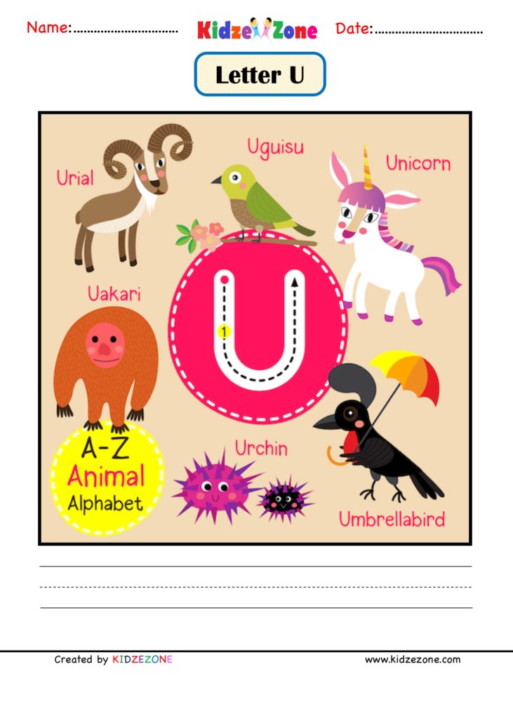 Kindergarten Letter U Picture Card worksheet