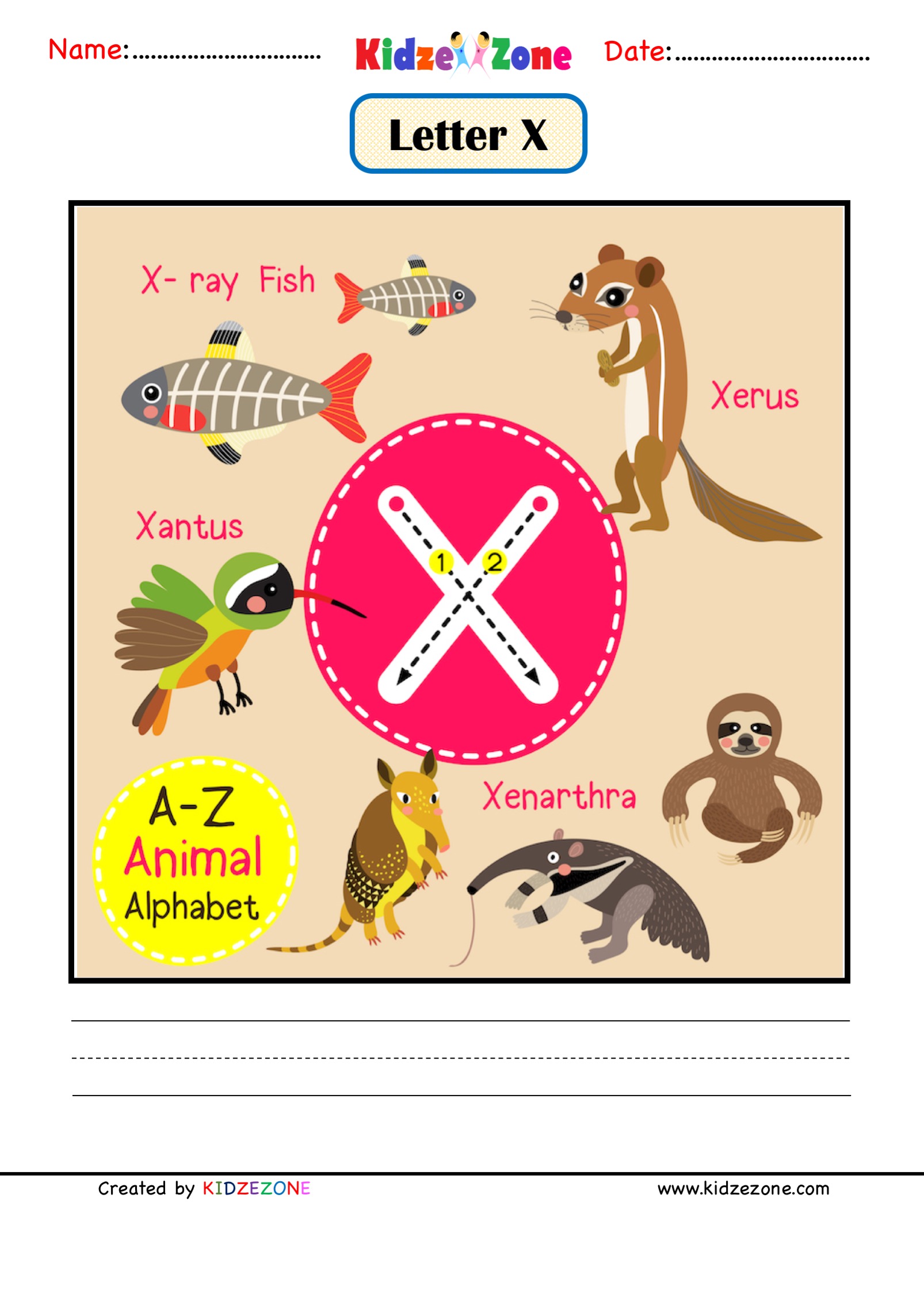 Kindergarten Letter X Animal Picture Cards Worksheet