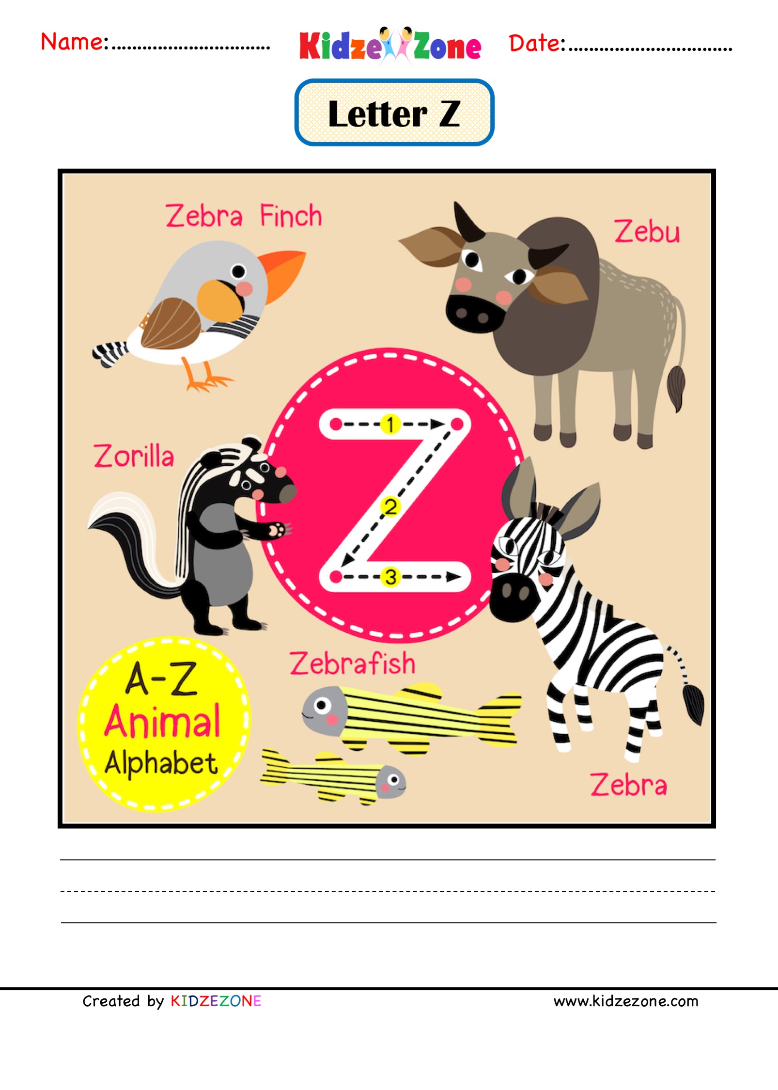 Kindergarten Letter Z Animal Picture Cards Worksheet