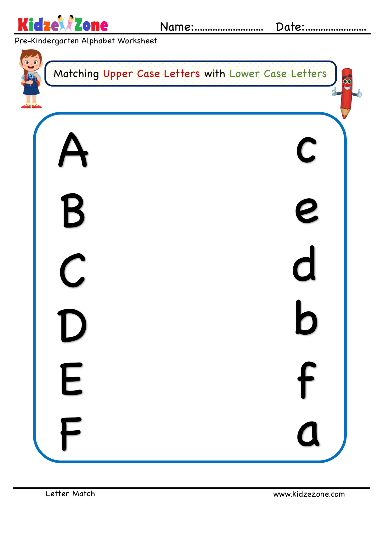 Preschool Letter Matching Upper Case to Lower Case A TO F
