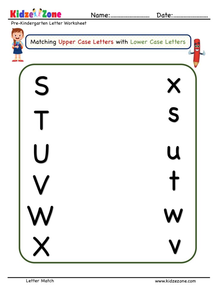 Letter Matching Worksheet Upper Case to Lower Case  S TO X