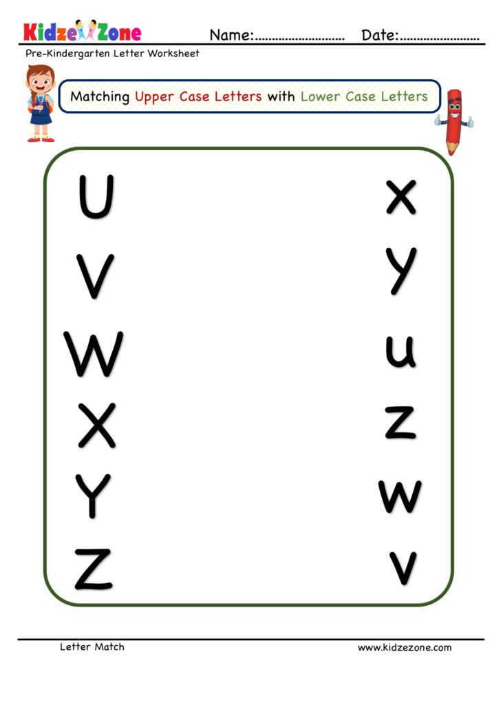 Preschool Letter Matching Upper Case to Lower Case  U TO Z