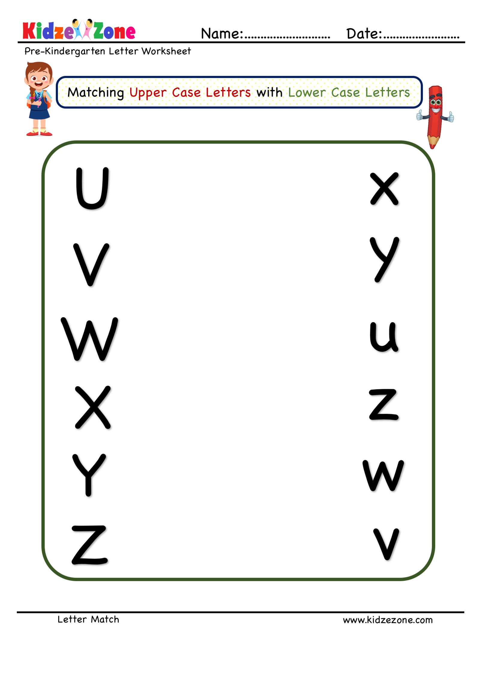 preschool letter matching worksheet upper case to lower