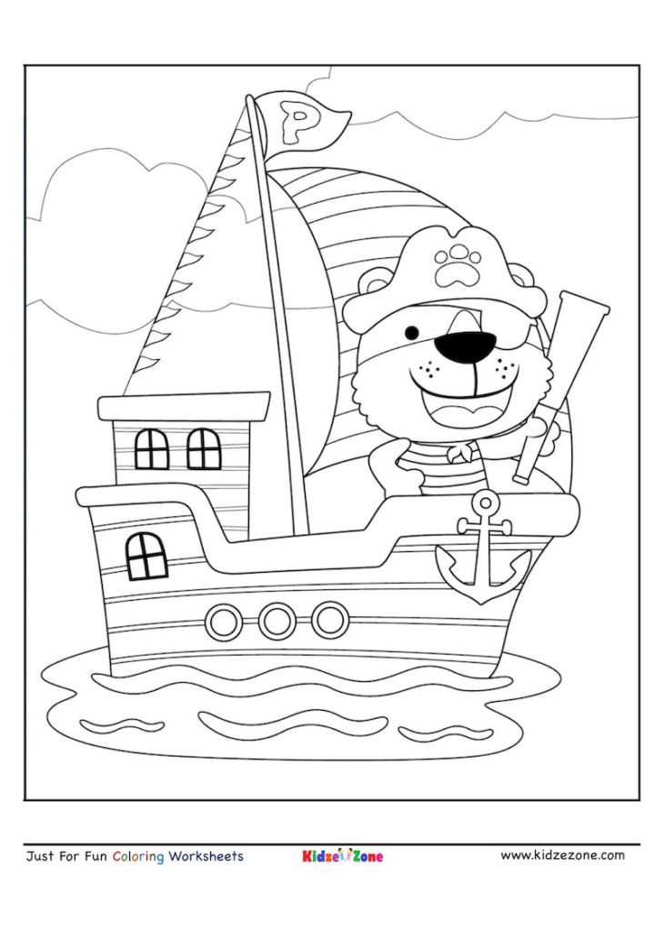 Letter P Pirate Bear and Ship Coloring Page