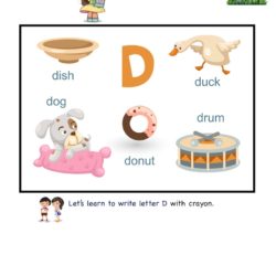 Letter D picture card worksheet. Use picture clues to link letters and enhance letter memory skills