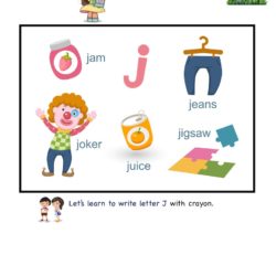 Letter J picture card worksheet. Use picture clues to link letters and enhance letter memory skills