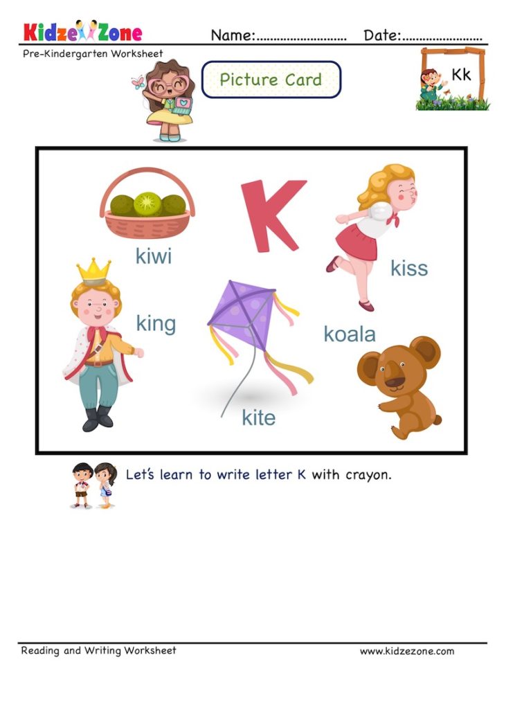Letter K picture card worksheet