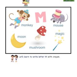 Letter M picture card worksheet. Use picture clues to link letters and enhance letter memory skills