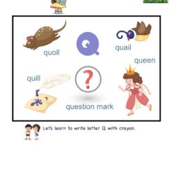 Letter Q picture card worksheet. Use picture clues to link letters and enhance letter memory skills