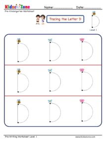 Level 1 pre-writing letter worksheet for kids to trace and learn letter D