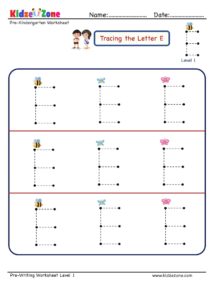 Level 1 pre-writing letter worksheet for kids to trace and learn letter E
