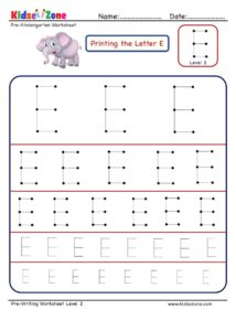 Pre Writing Letter E Tracing worksheet - Different Sizes