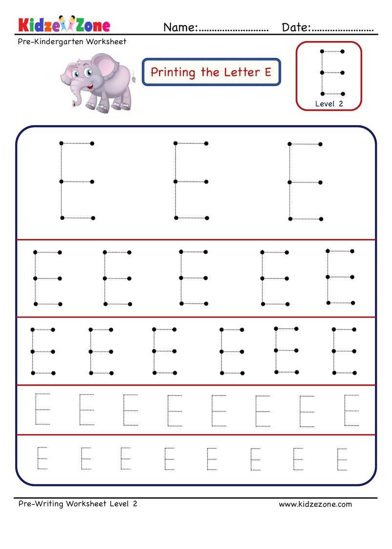 Preschool Letter Tracing Worksheet - Letter E Different sizes - KidzeZone