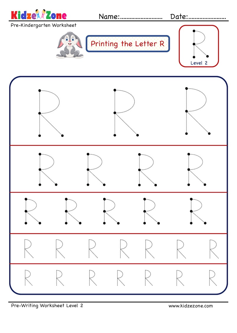 Preschool Letter Tracing Worksheet - Letter R Different sizes - KidzeZone