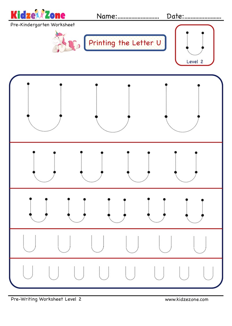 Preschool Letter Tracing Worksheet - Letter U Different sizes - KidzeZone