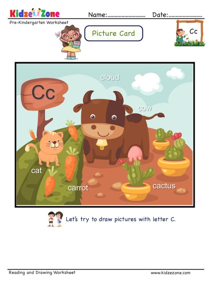 Letter C picture card worksheets and practice to enhance child letter memory skills