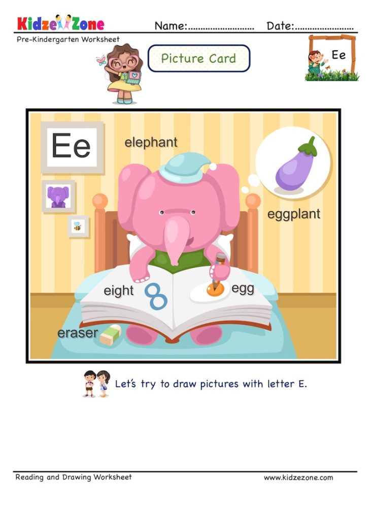 Letter E picture card worksheets and practice 