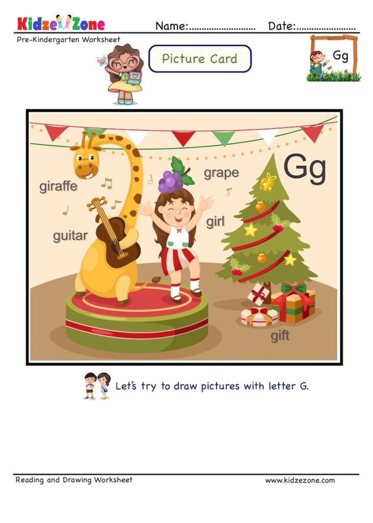 Letter G picture card worksheets and practice to enhance child letter memory skills