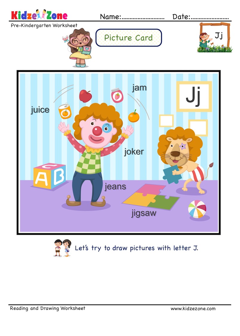Letter J picture card worksheets and practice to enhance child letter memory skills