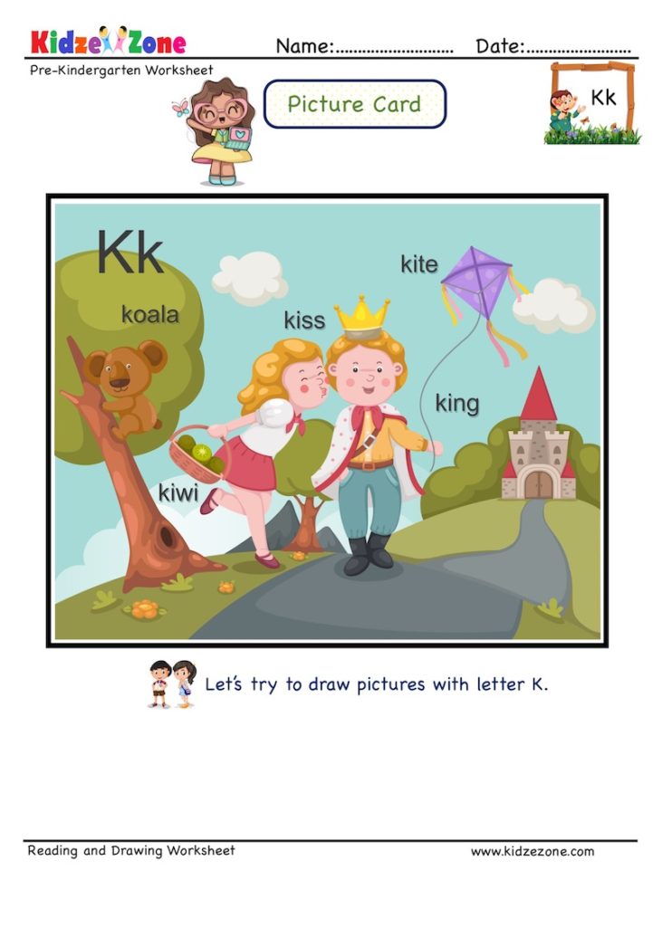Letter K picture card worksheets and practice to enhance child letter memory skills