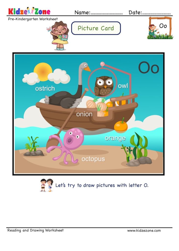 Letter O picture card worksheets. 