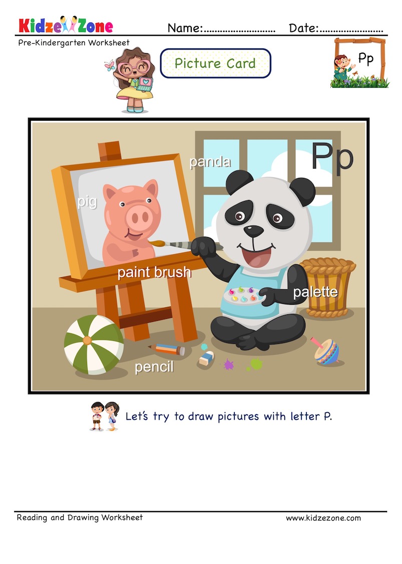 Letter P picture card worksheets. 