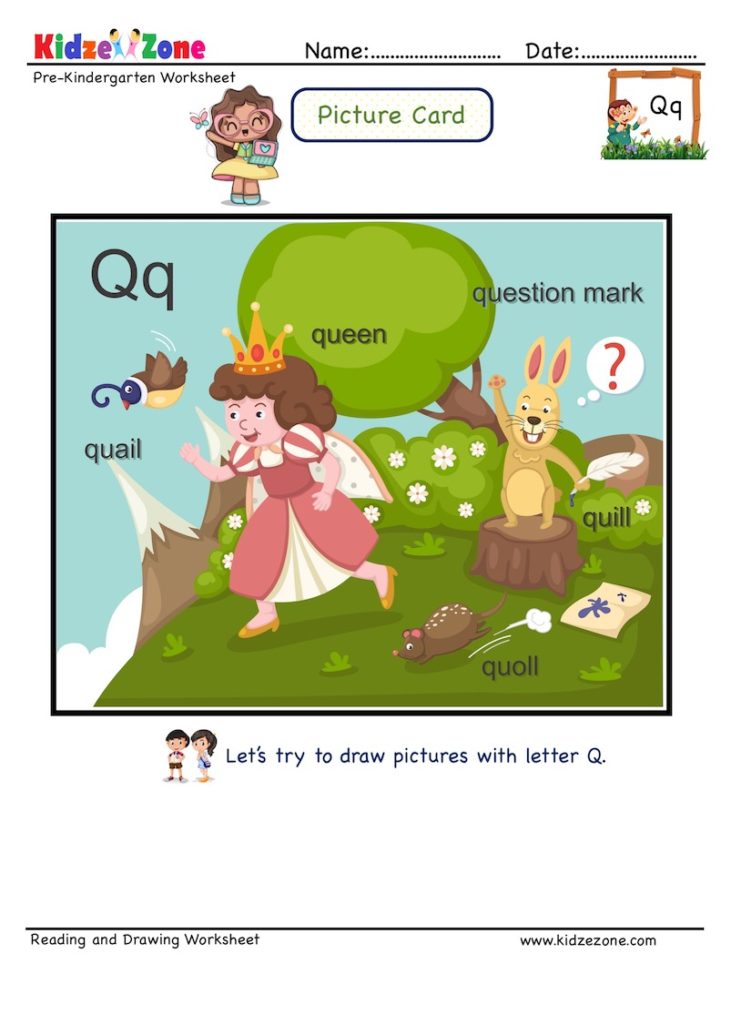 Letter Q picture card worksheets. Letter recognition skills by linking letter to picture clue