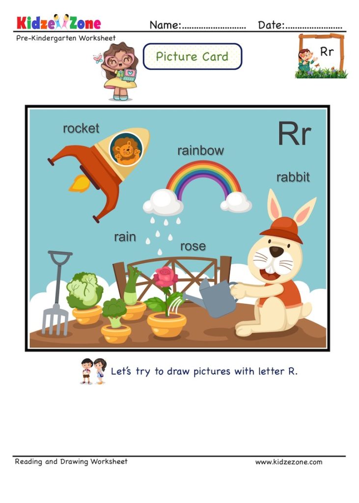 Letter R picture card worksheets. Letter recognition skills by linking letter to picture clue