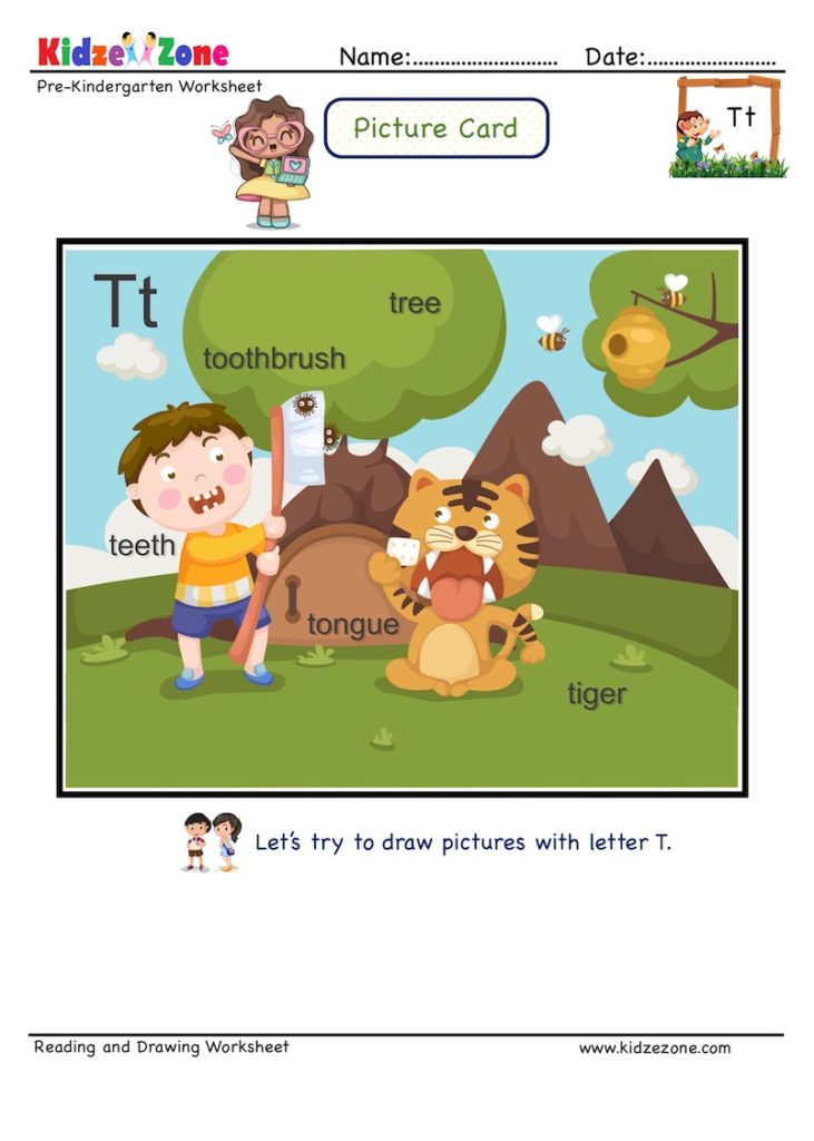 Letter T picture card worksheets. Expand child's letter recognition skills by linking letter to picture clue