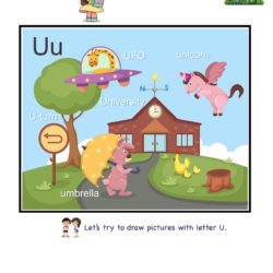 Letter U picture card worksheet. Practice to enhance child letter memory skills