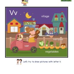 Letter V picture card worksheet. Practice to enhance child letter memory skills