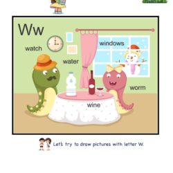 Letter W picture card worksheet. Practice to enhance child letter memory skills