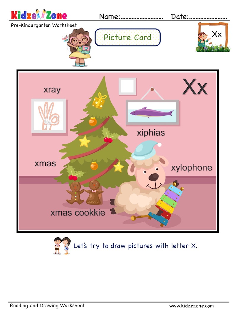 Letter X picture card worksheet. Practice to enhance child letter memory skills