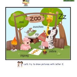 Letter Z picture card worksheets and practice to enhance child letter memory skills