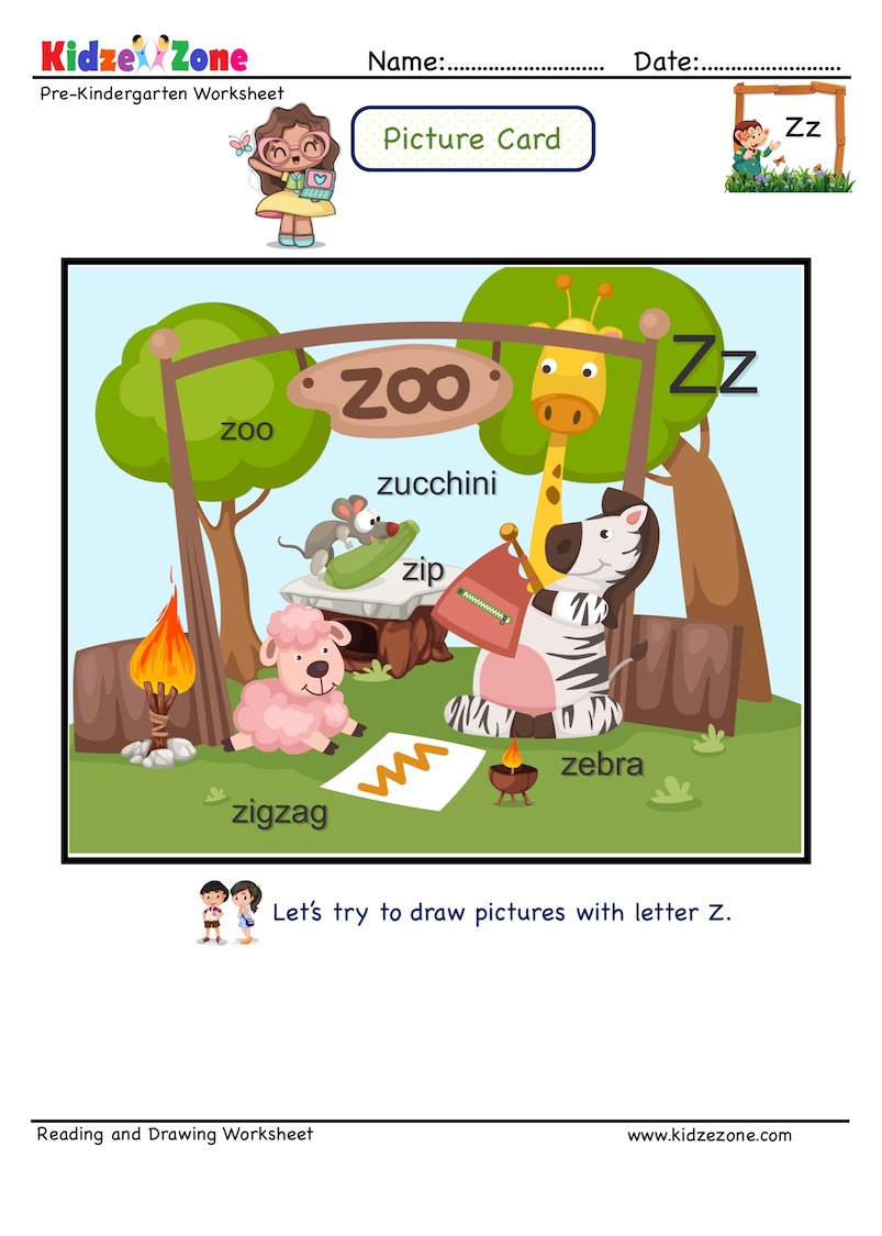 Letter Z picture card worksheets and practice to enhance child letter memory skills