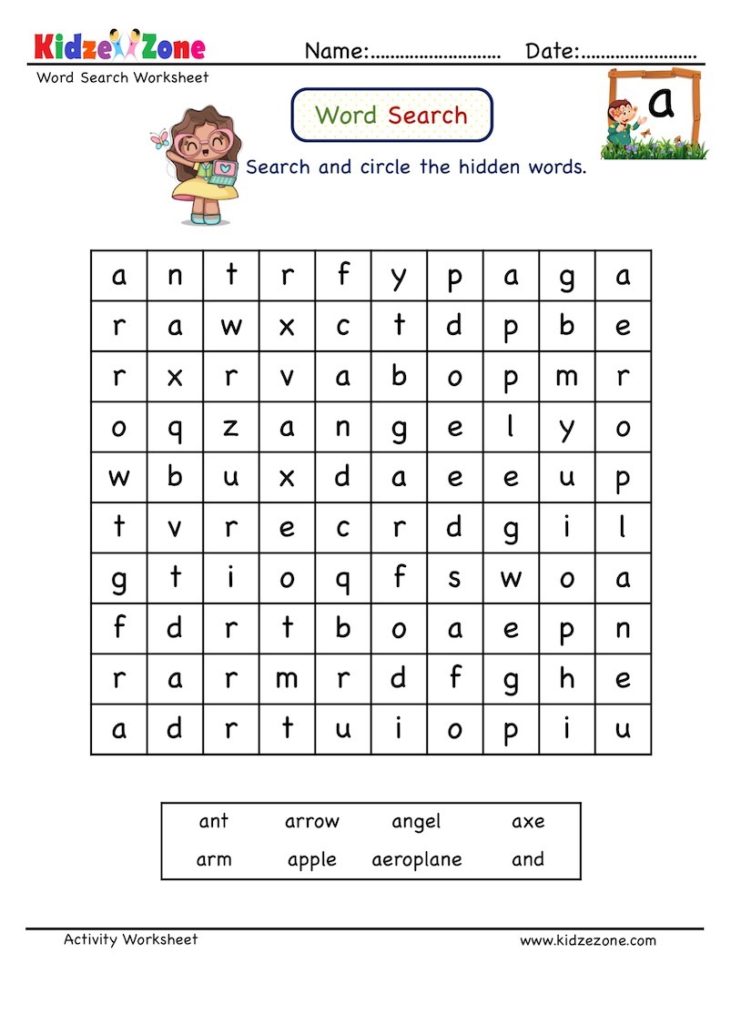 Letter A word search worksheet