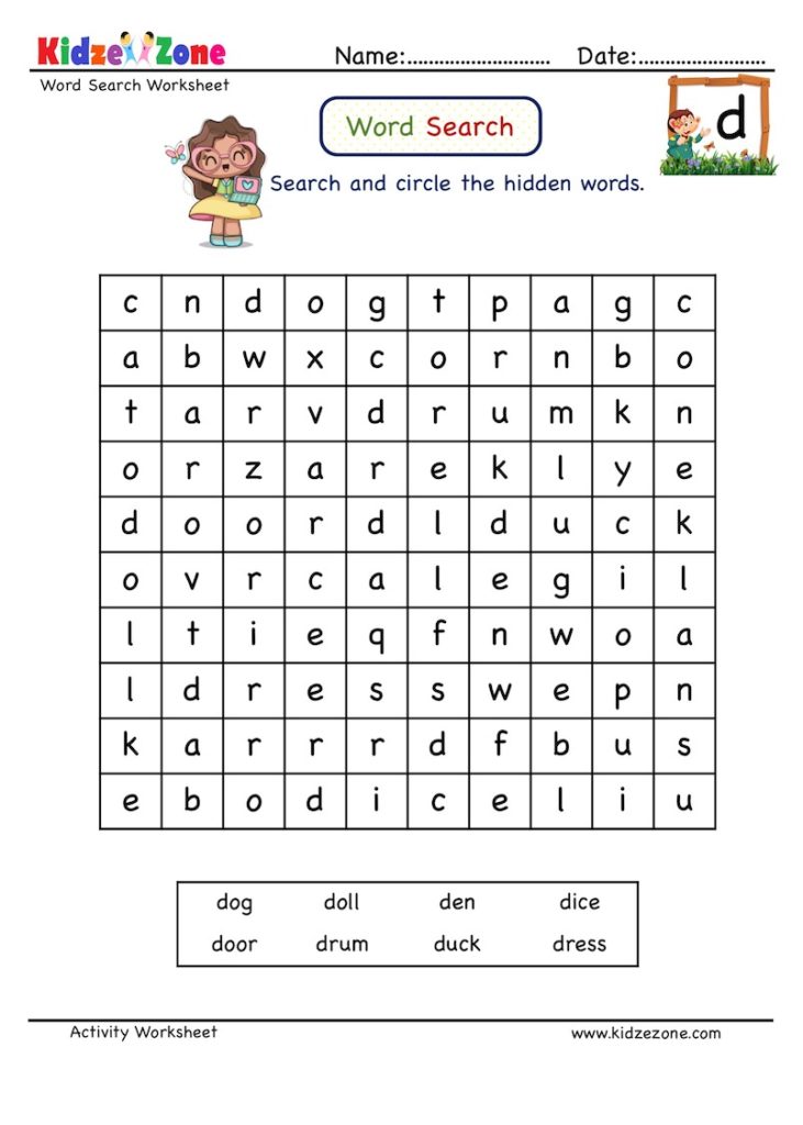 Letter D Word search worksheet