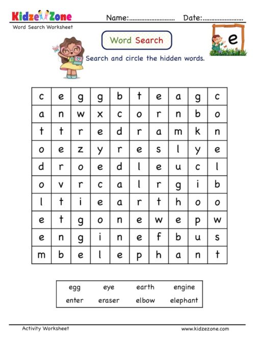 Letter E word search grid - KidzeZone