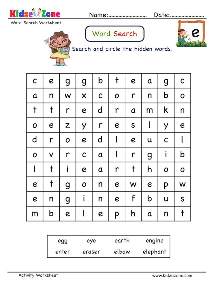 Letter E Word search worksheet