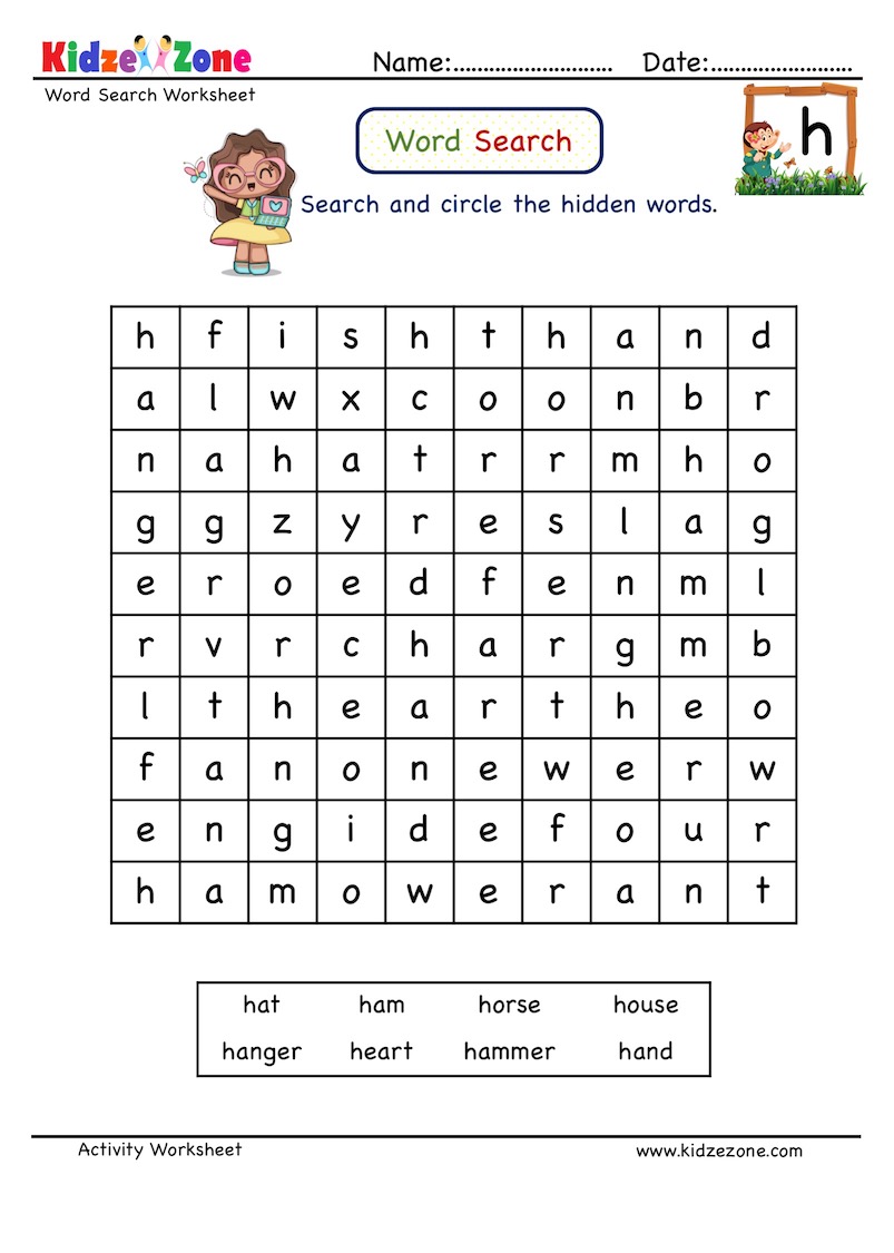 letter h words search grid worksheet kidzezone