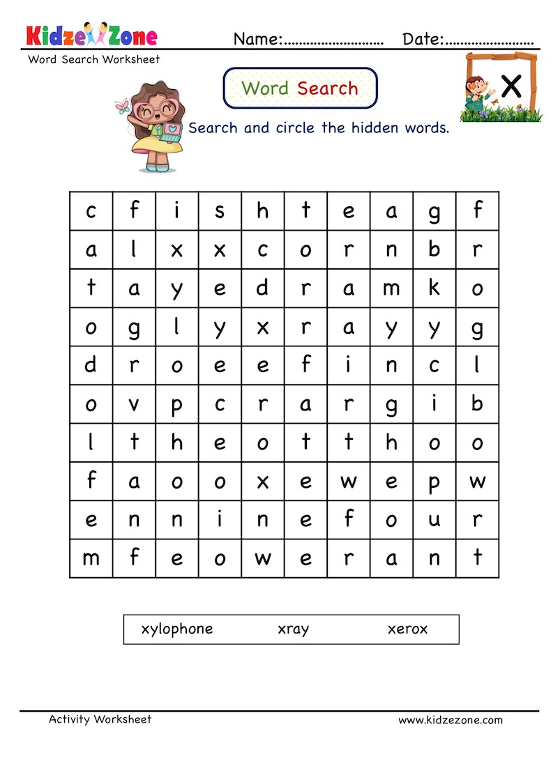 Word search worksheet - Letter X words - KidzeZone