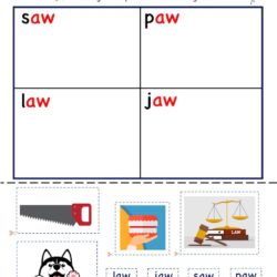 Kindergarten Aw word family Cut and Paste Activity worksheet
