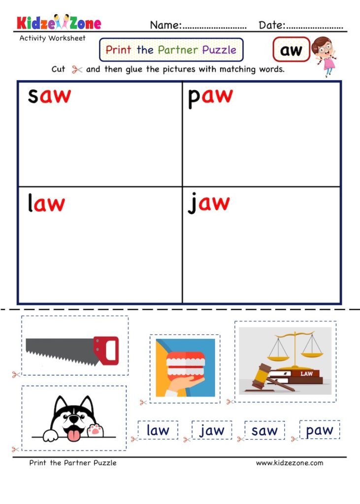 Aw word family Activity worksheets to enhance vocabulary and reading skills.