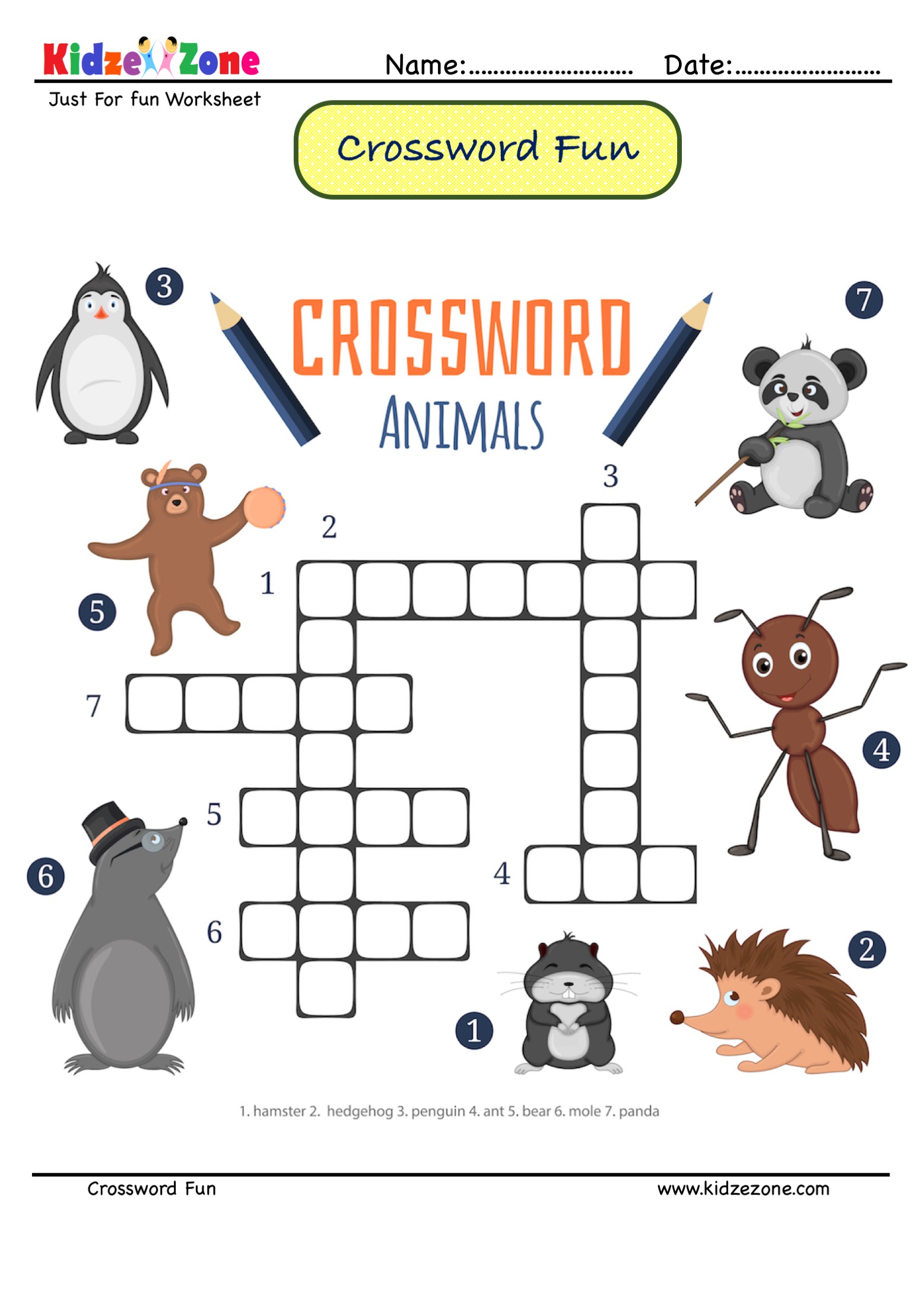 Identify the animals Crossword Puzzle #16 - KidzeZone