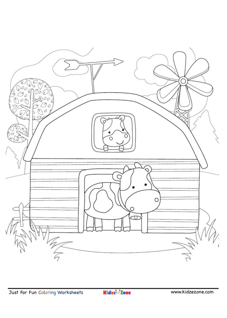 Cow in a Barn Cartoon Coloring Page - KidzeZone