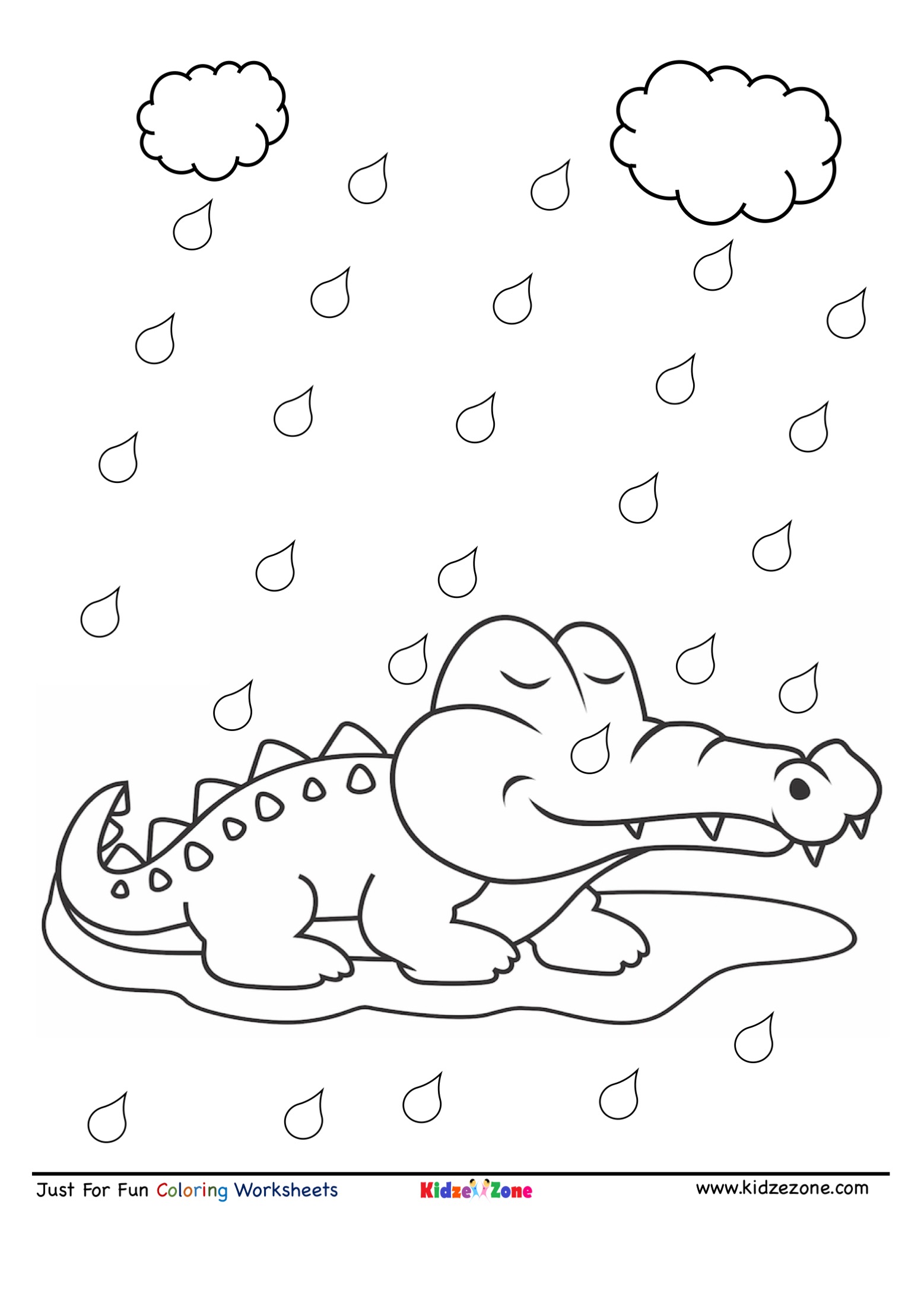 Crocodile in rain Cartoon Coloring Page KidzeZone