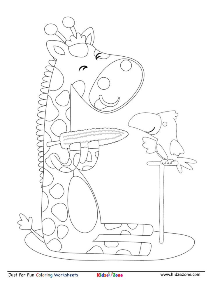 Giraffe and Birdy having Corn Coloring Page