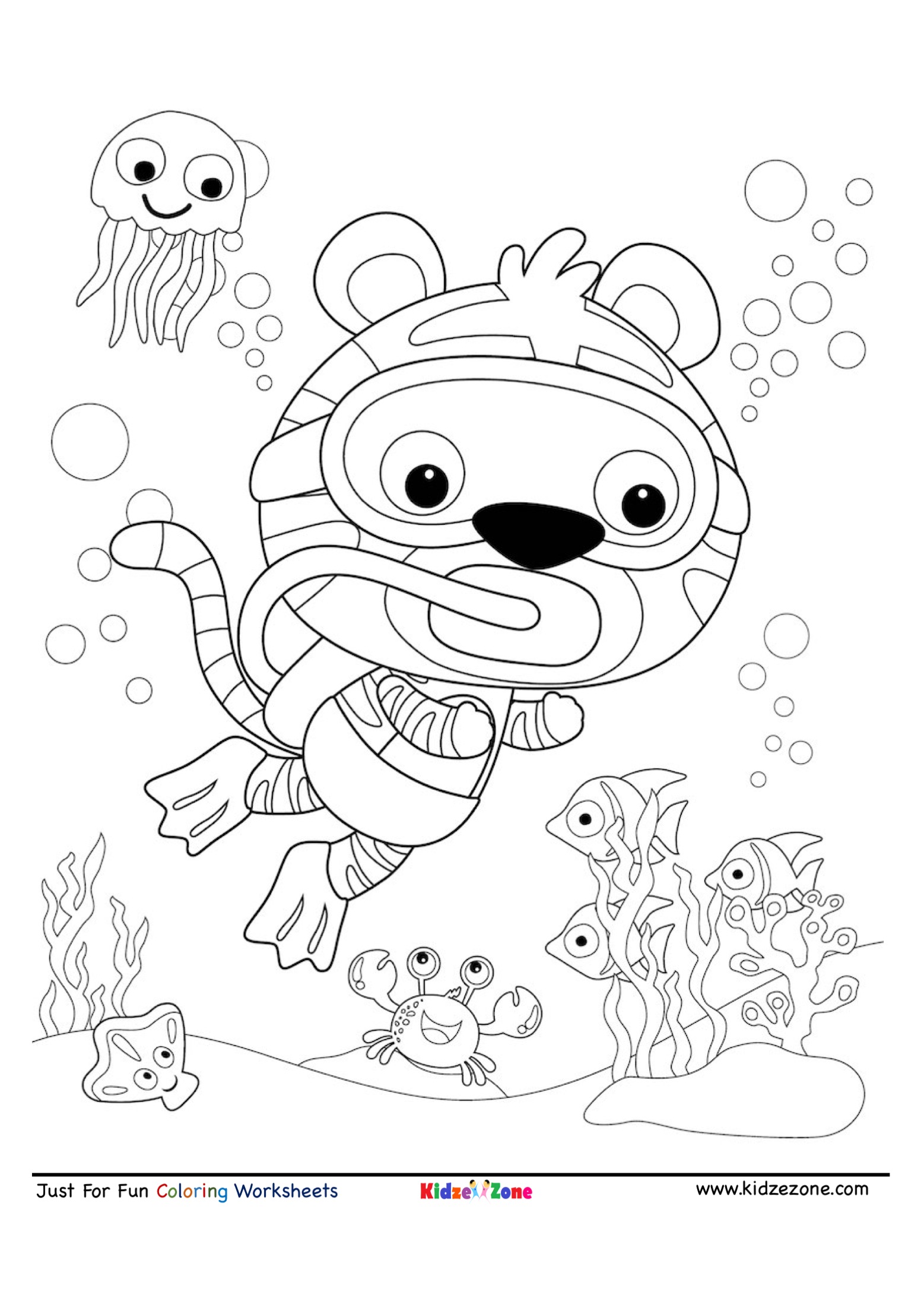 Tiger Under Water Scuba Diving Coloring Page Kidzezone